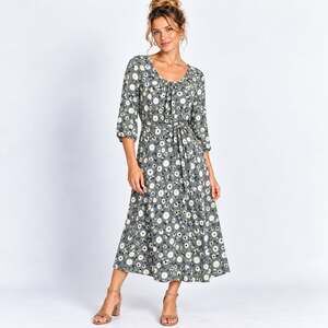 Boden Geometric Jersey Midi Dress Women's Size 12 Gray Green Tan Stretch Casual
